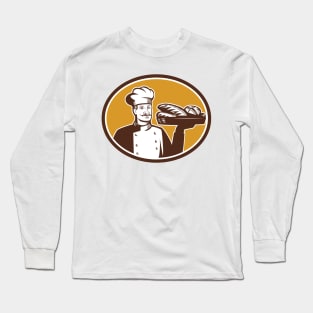 Baker Serving Bread Loaf Woodcut Long Sleeve T-Shirt